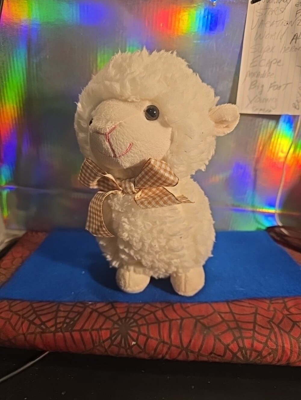 061626 Sheep Toy Sitting with Tan & white Ribbon  8 inches. Studio 18H